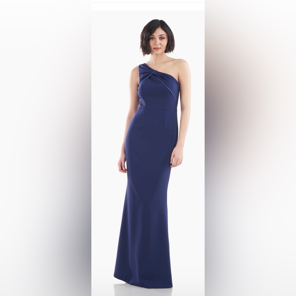JS Collections womens Lilah Navy Crepe Bow One Shoulder Long Mermaid Gown